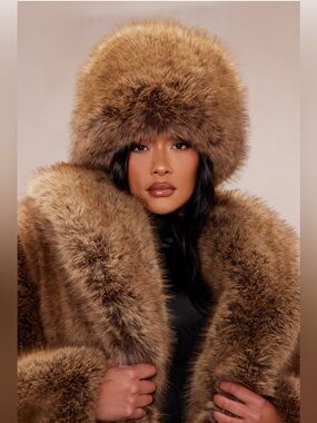 NWT Fashion Nova Brown Faux Fur Hat & Faux Fur Coat Set 2x